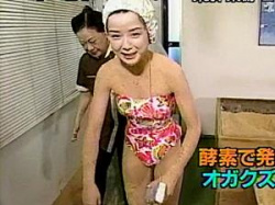 秋沢淳子アナ　オガクズ風呂に水着で入浴！の画像