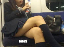 電車内脚組みふともも丸出し女子高生の画像