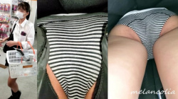 【upskirt1141逆さ撮りJK】白黒縞々Pをしゃがみで撮られ、めくりで撮られるお股の膨らみと太もものプリプリ感がエロい美人なJKの画像