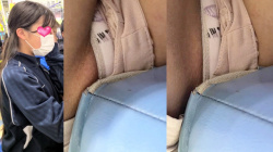 【eros2118座りパンチラ盗撮】フロントモッコリでマ●コギリギリな白地の柄Pを椅子に座った状態で真下から撮られるショーパン女子の画像