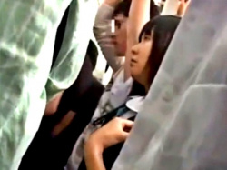 満員電車のスカ下にハーパンJKちゃん、複数人に痴漢されて半泣きになってしまう（動画あり）の画像