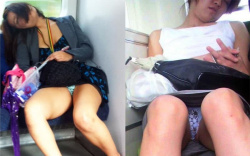 爆睡女子の対面電車パンチラでエロパンツ盗撮画像の画像