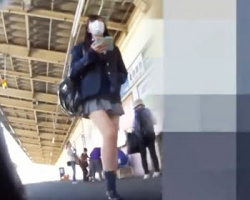 一人で電車通学する女子校生を追跡逆さ撮りの画像