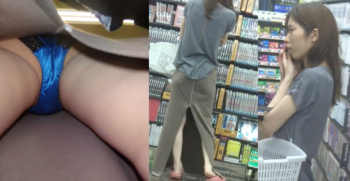 【動画】ロングスカートのお姉さんを逆さ撮り！サテン生地の青パンツが映える( ^ω^ )の画像