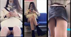 ミニレザースカートを履いた美脚の美人お姉さんの階段と正面に座って対面パンチラの画像